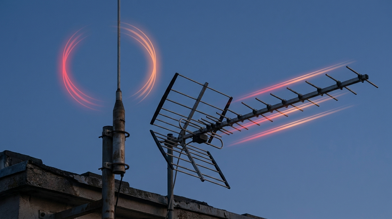 Vertical whip and horizontal Yagi antennas illustrating polarisation