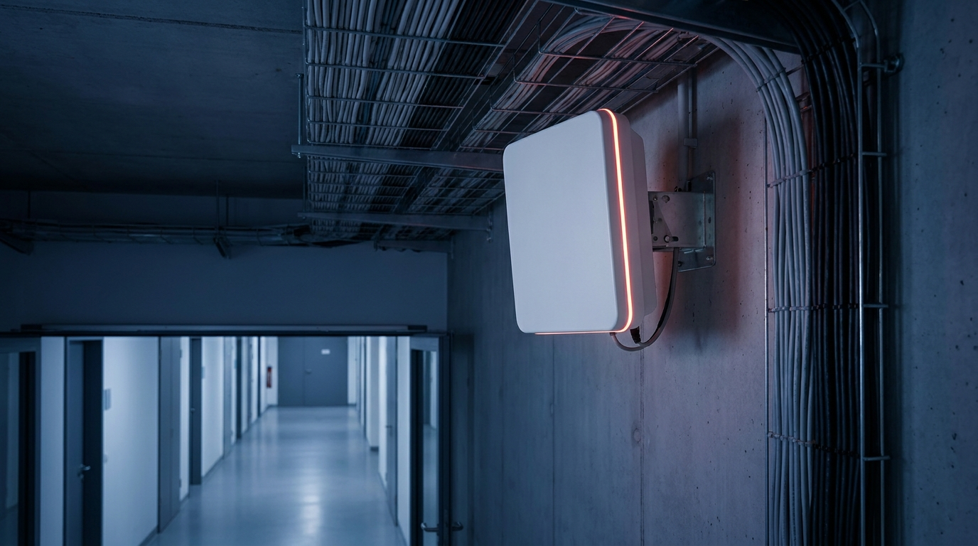 Sector antenna installed in a building corridor ceiling void