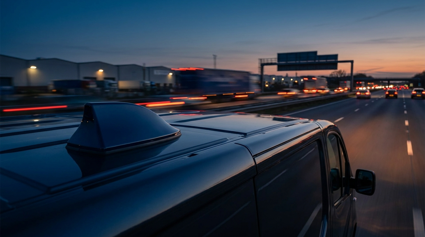 Low-profile 4G LTE antenna mounted on a commercial fleet vehicle roof