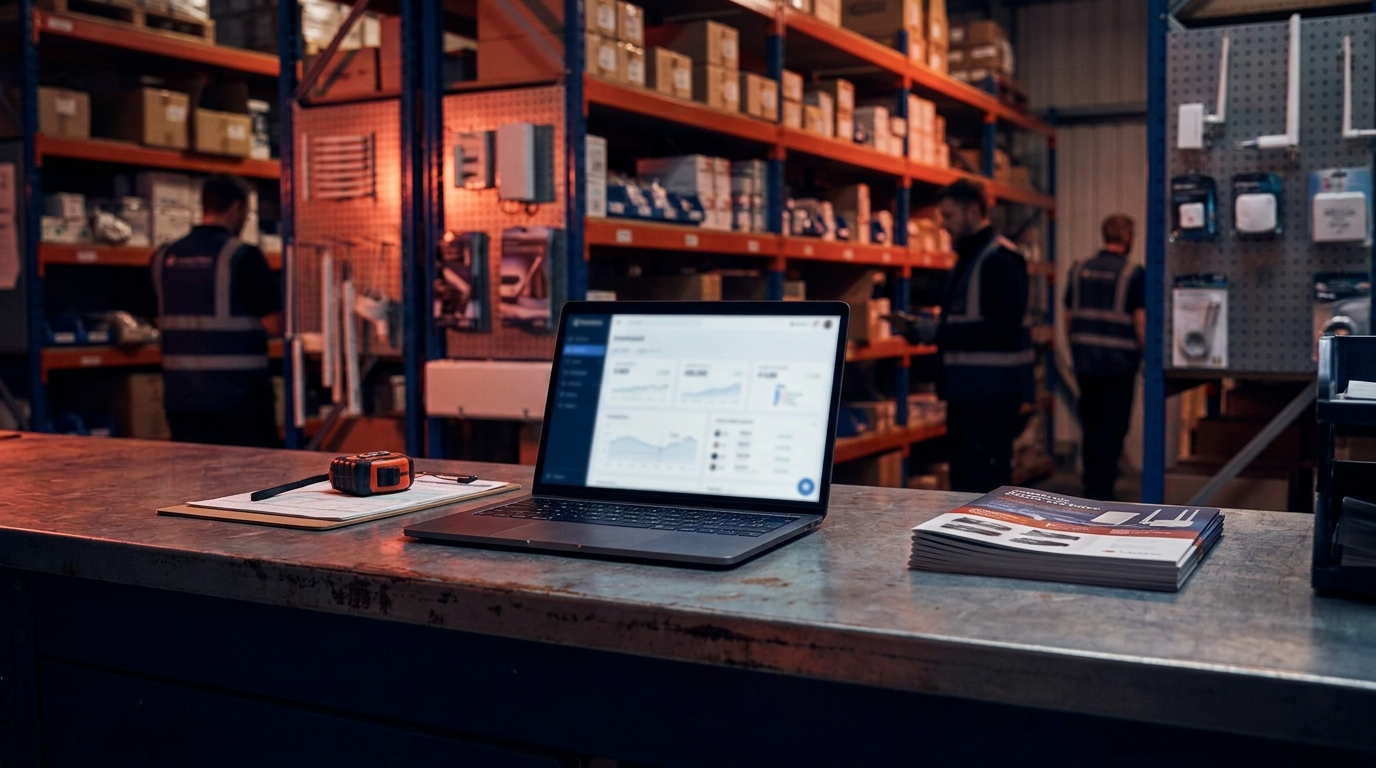 Trade warehouse counter with a laptop open on a quote screen