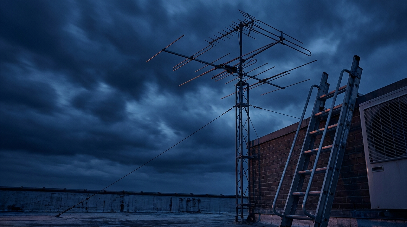 Multi-element Yagi antenna on a rooftop mast with guy wires against a windy sky