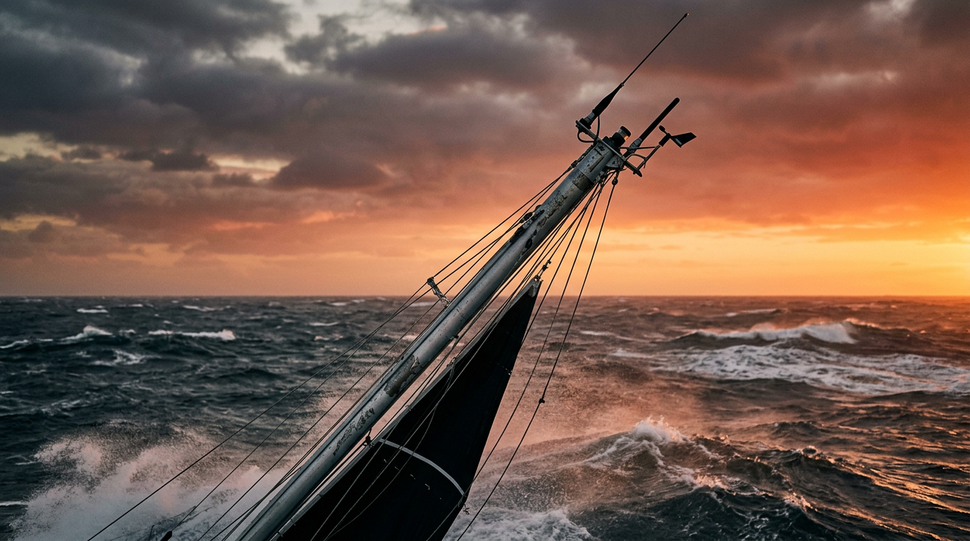 Sailing yacht masthead with VHF and AIS antennas at sea