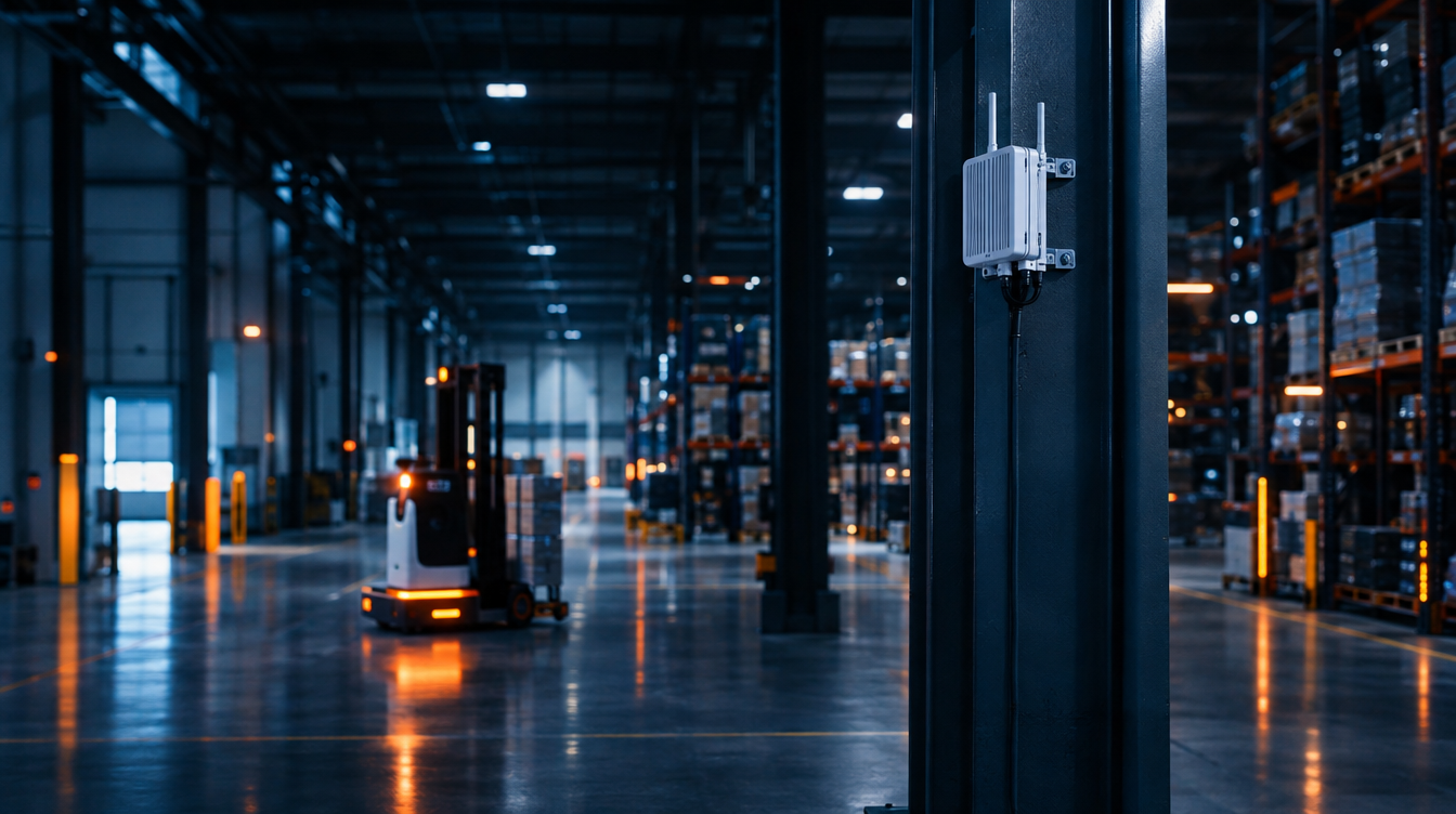 Industrial warehouse interior with a ceiling-mounted 5G small cell and antennas