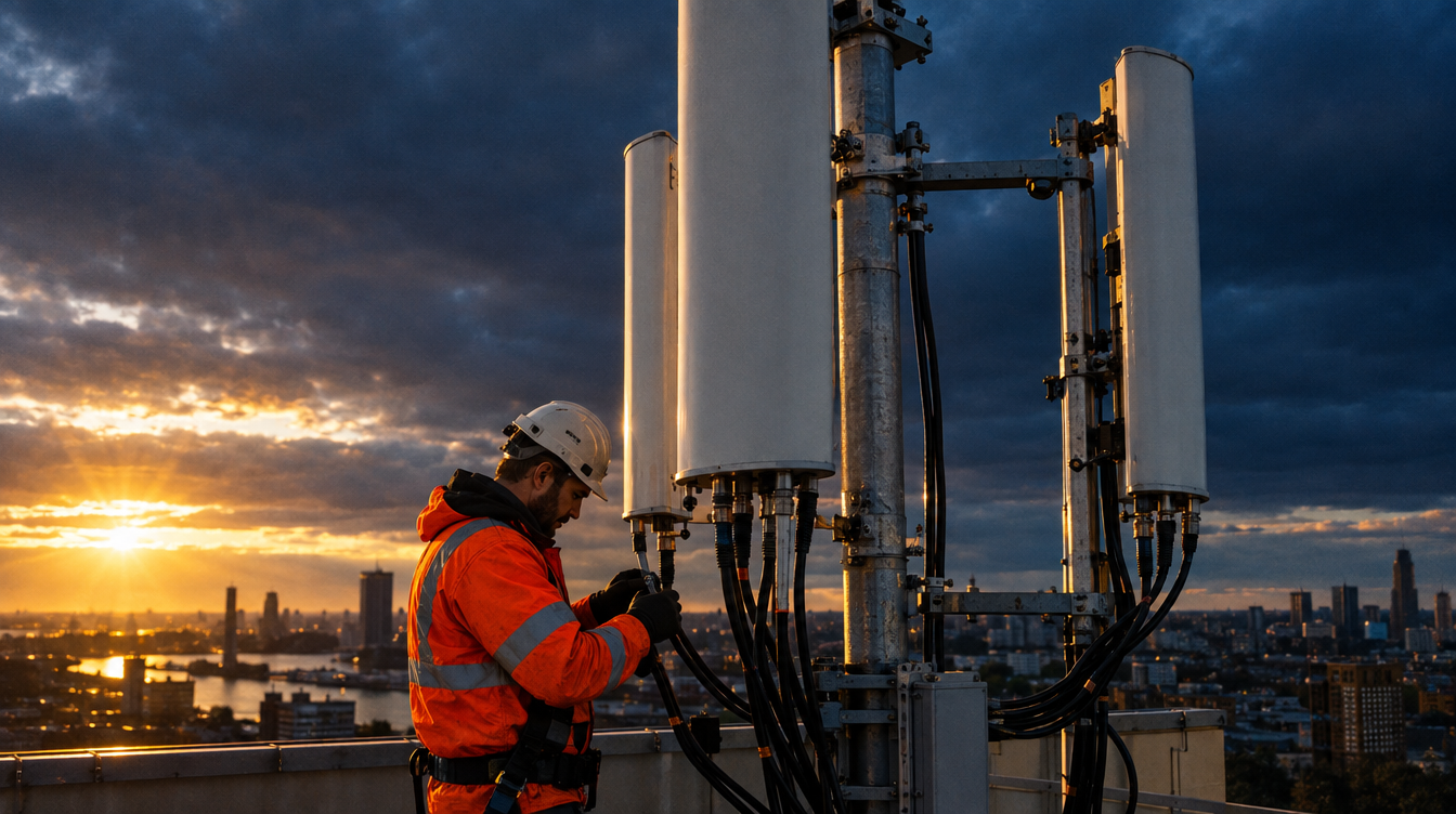 Rooftop radio mast with fibreglass base station antennas at golden hour