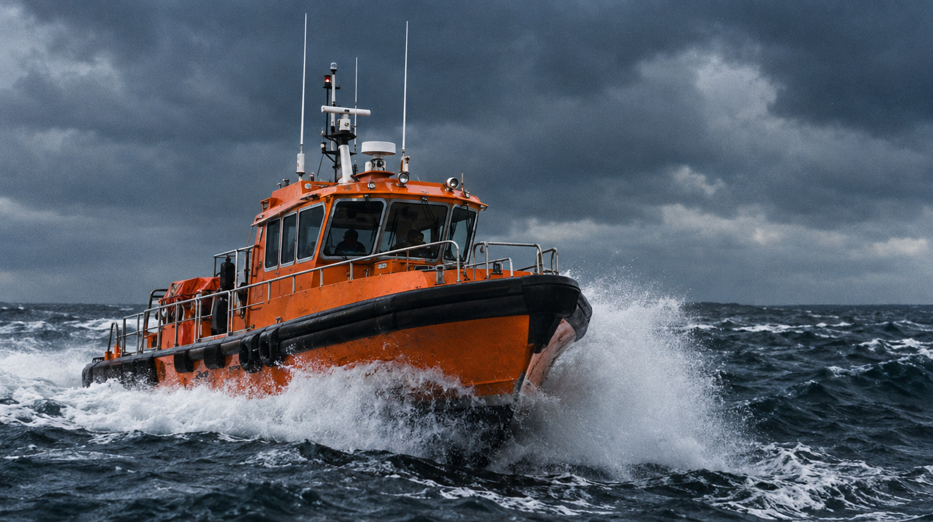 Orange pilot boat at sea with white VHF antennas on its wheelhouse roof