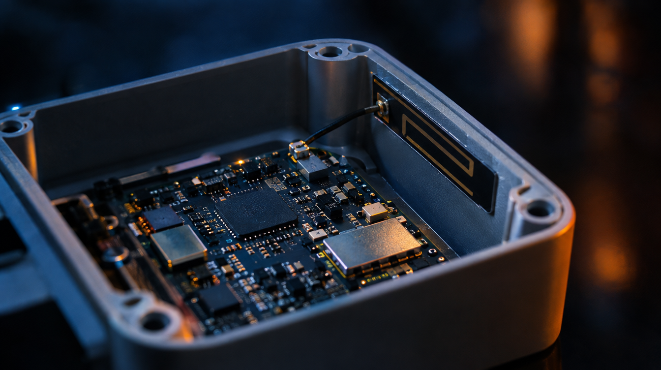 Close-up of an IoT circuit board with a flexible embedded 5G antenna
