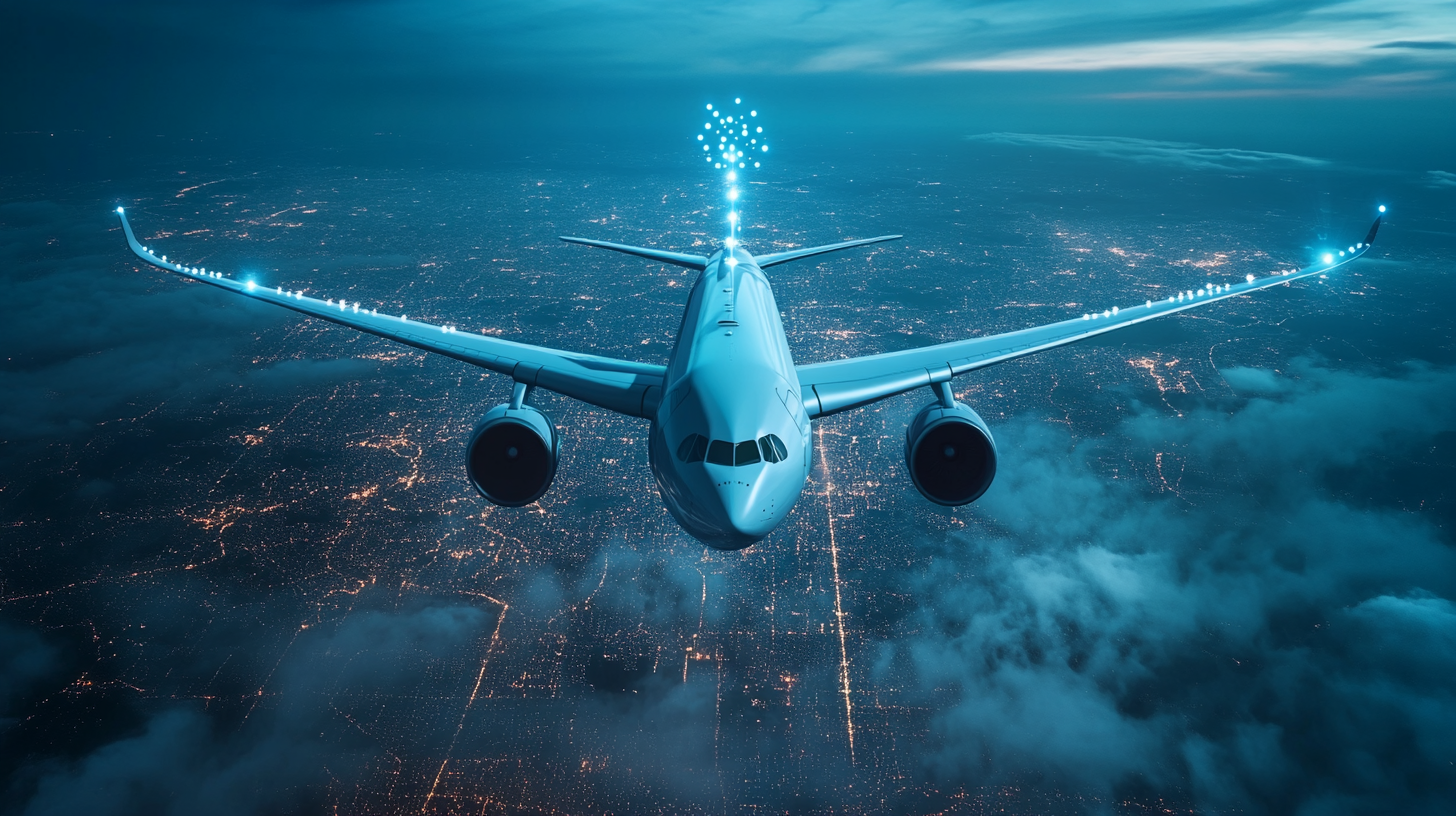 Aircraft fuselage with communication antennas against a clear sky