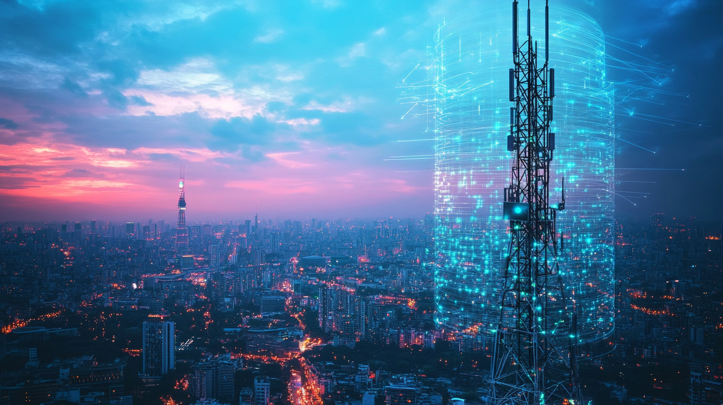 Beamforming antenna array on a cellular mast against a dusk sky