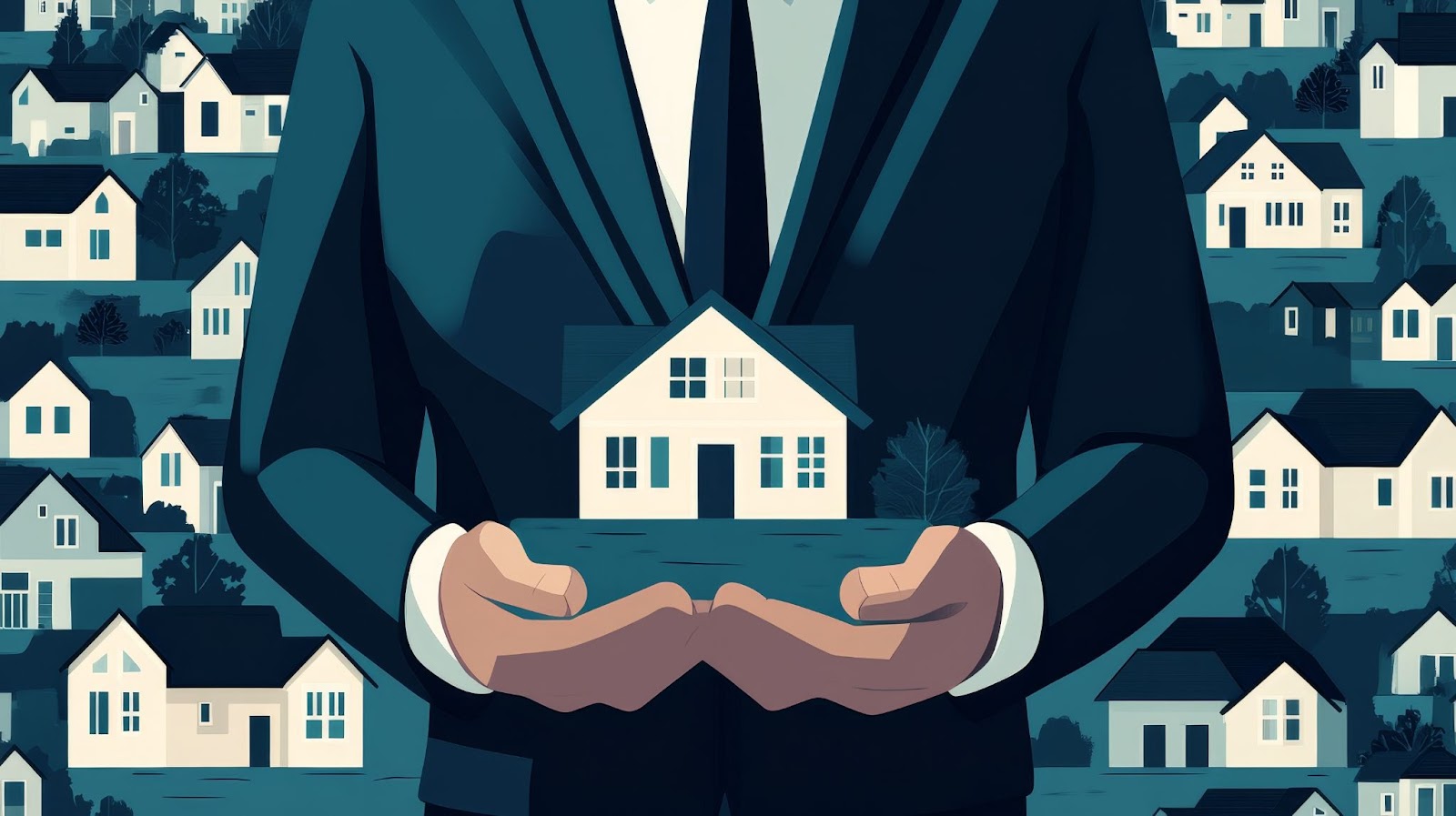 a vector graphic of a real estate agent holding a small house symbolizing geographic farming