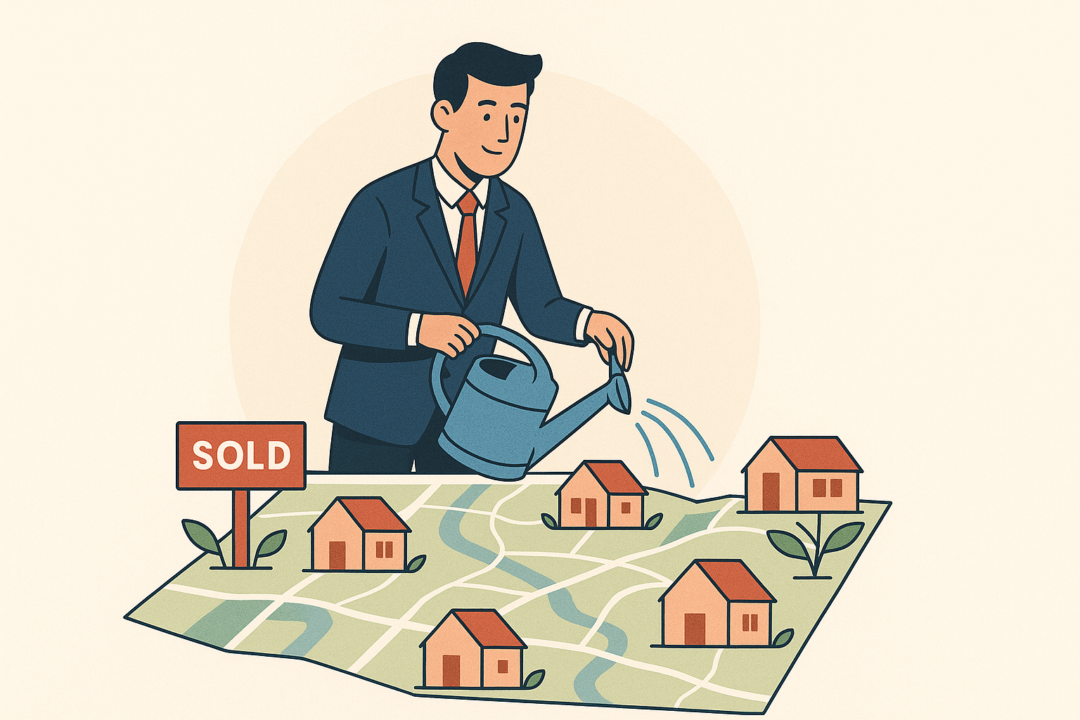 a real estate agent watering a map with a watering can; the “seeds” are homes, and some have grown into “sold” signs or stacks of money