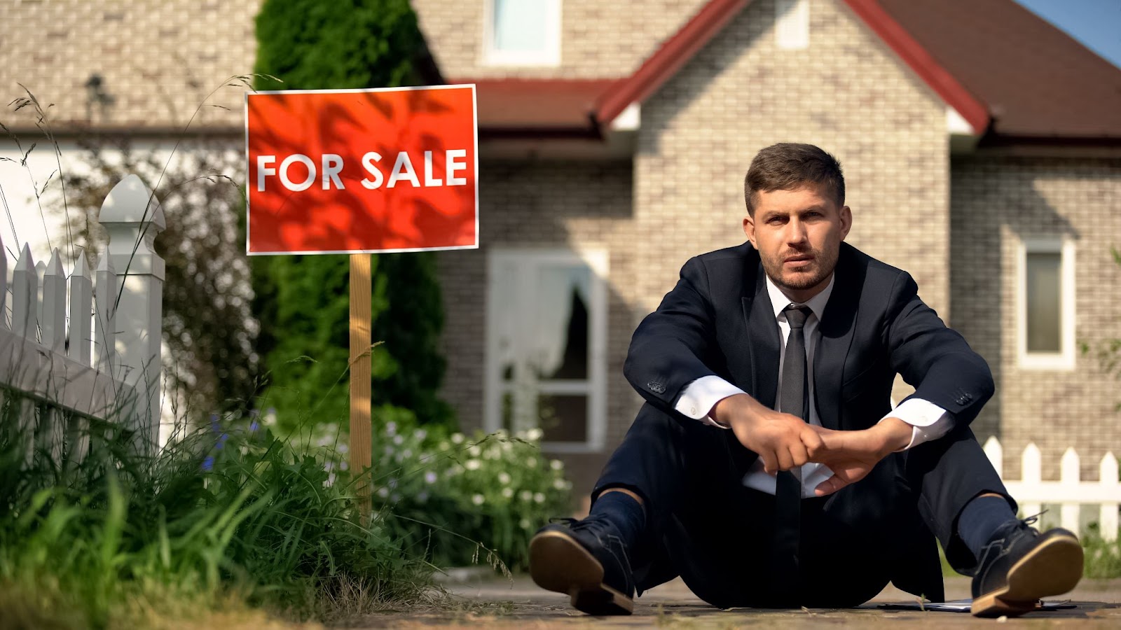 Unhappy real estate agent after a failed listing presentation sitting in front of a house and a “for sale” sign