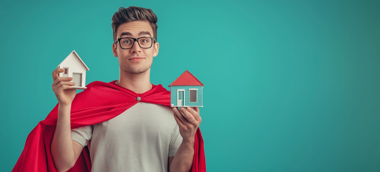 Young man in glasses wearing a red cape holds two model houses, one plain and one colorful, against a teal background.
