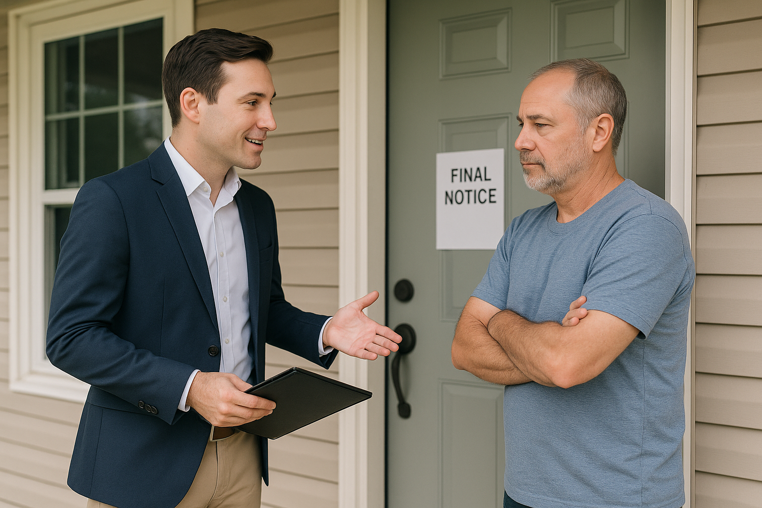 Real estate agent speaking calmly with a homeowner outside a beige house, with a "Final Notice" sign posted on the front door.