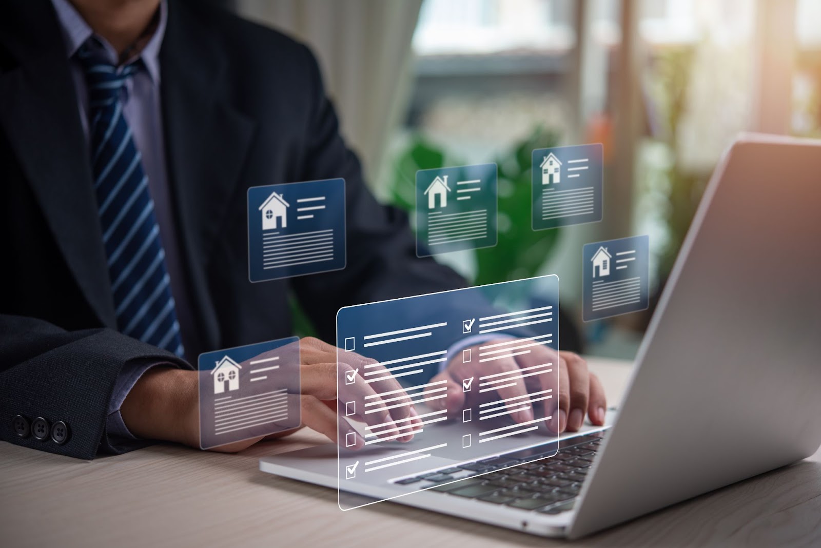real estate agent using a laptop with floating digital property listings and checklist icons, symbolizing online lead management and CRM tools