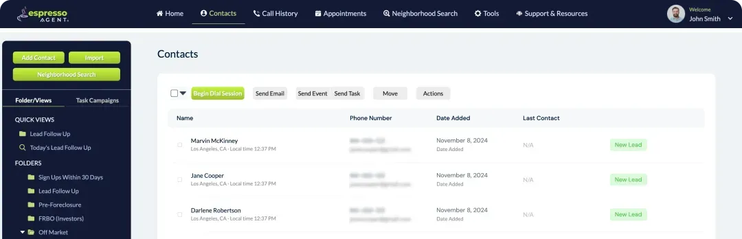espresso agent software interface with leads and contacts displayed