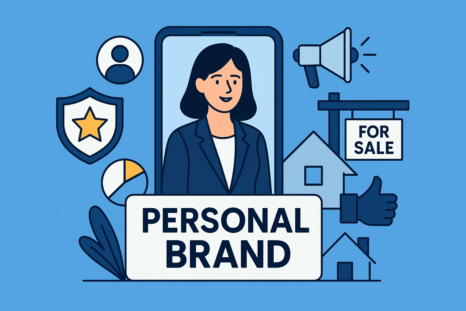 flat-style vector illustration of a real estate agent framed in a smartphone, surrounded by branding icons such as a star badge, megaphone, ‘For Sale’ sign, pie chart, and house graphics on a bright blue background
