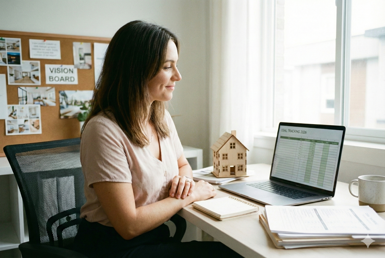 Woman with brown hair sits at a desk with a laptop, wooden house model, and notebooks, looking towards a window. A vision board is on the wall behind her.