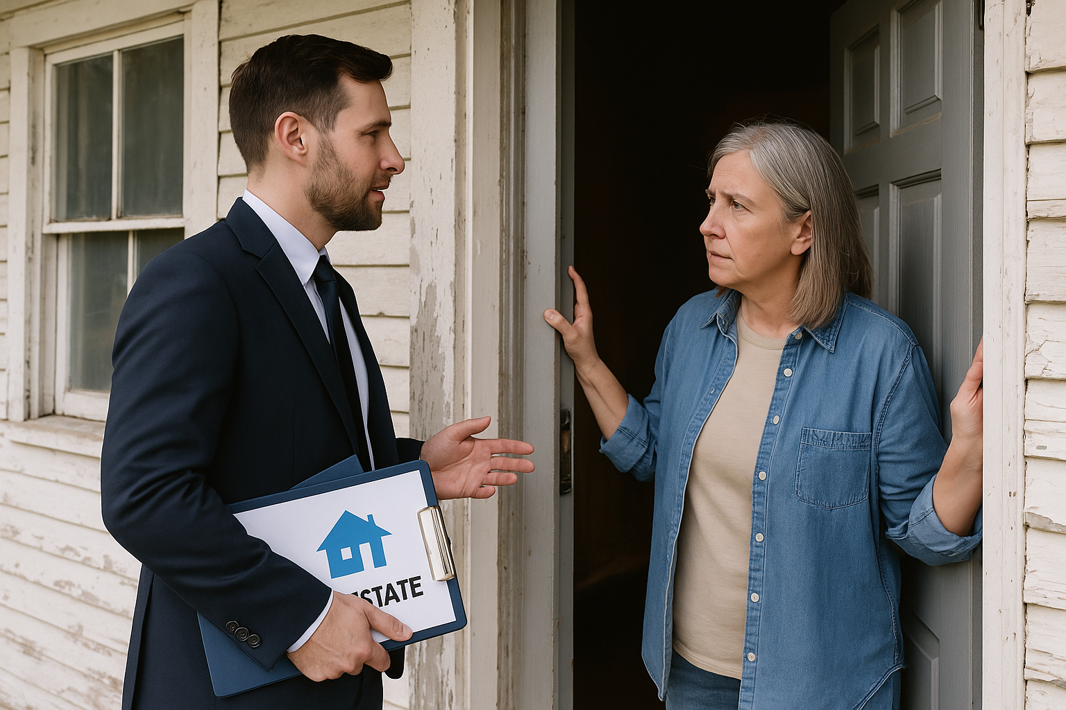 Real estate agent speaking with a distressed homeowner at the door of a worn house