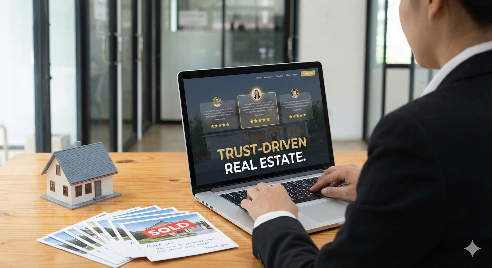 Real estate agent viewing 5-star customer testimonials on a laptop, illustrating trust-based lead generation strategies
