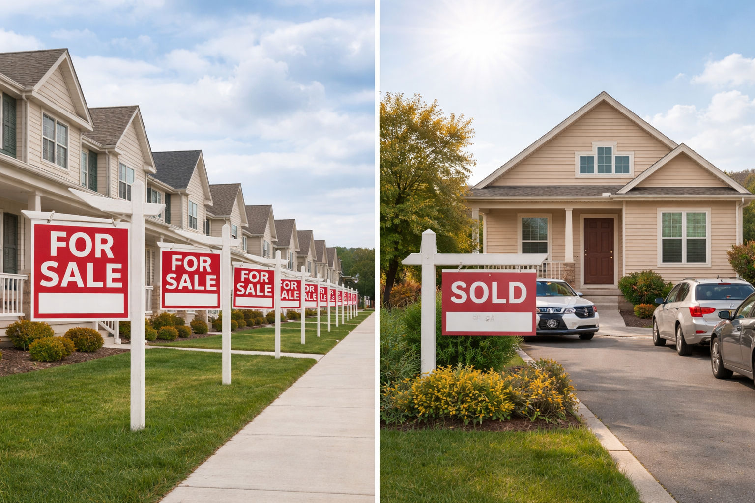Buyer’s market vs seller’s market shown side by side, with multiple homes for sale on one side and a sold home on the other.