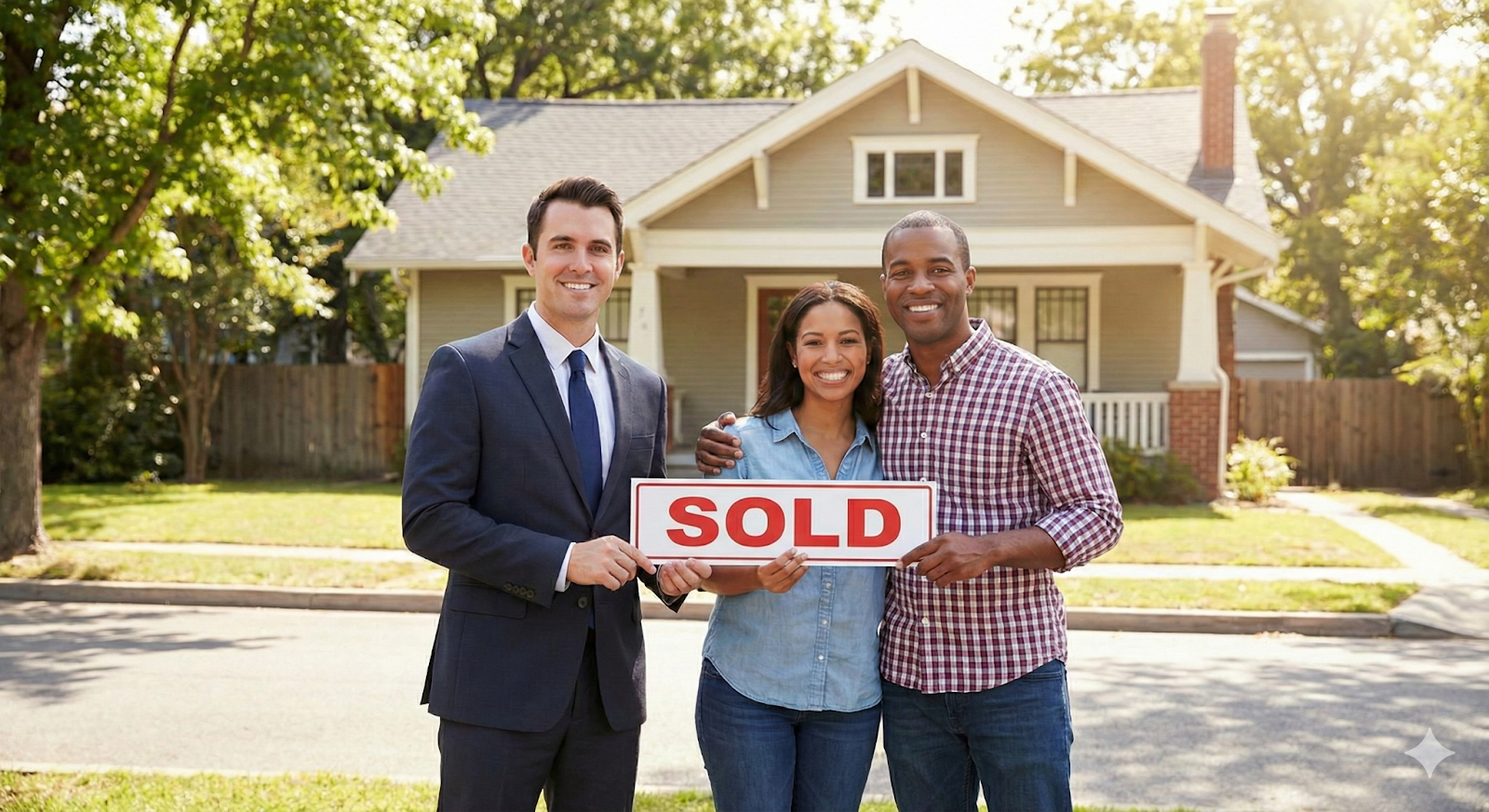  Smiling real estate agent and couple holding a 'SOLD' sign in front of a house.