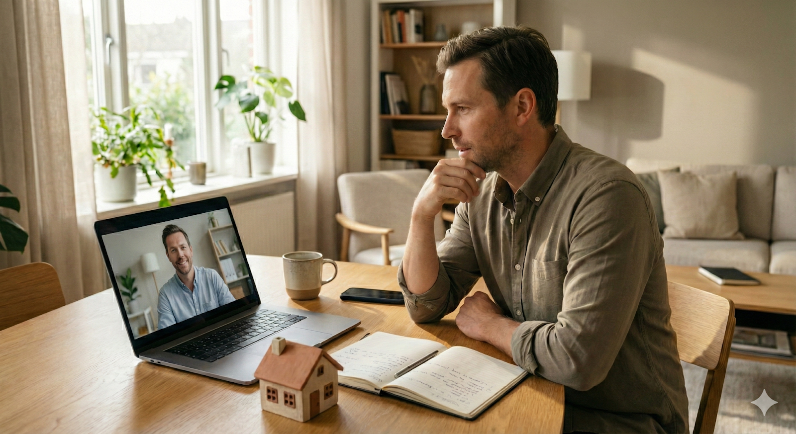 Real estate agent participating in a virtual coaching session on a laptop, with a small house model on the desk.
