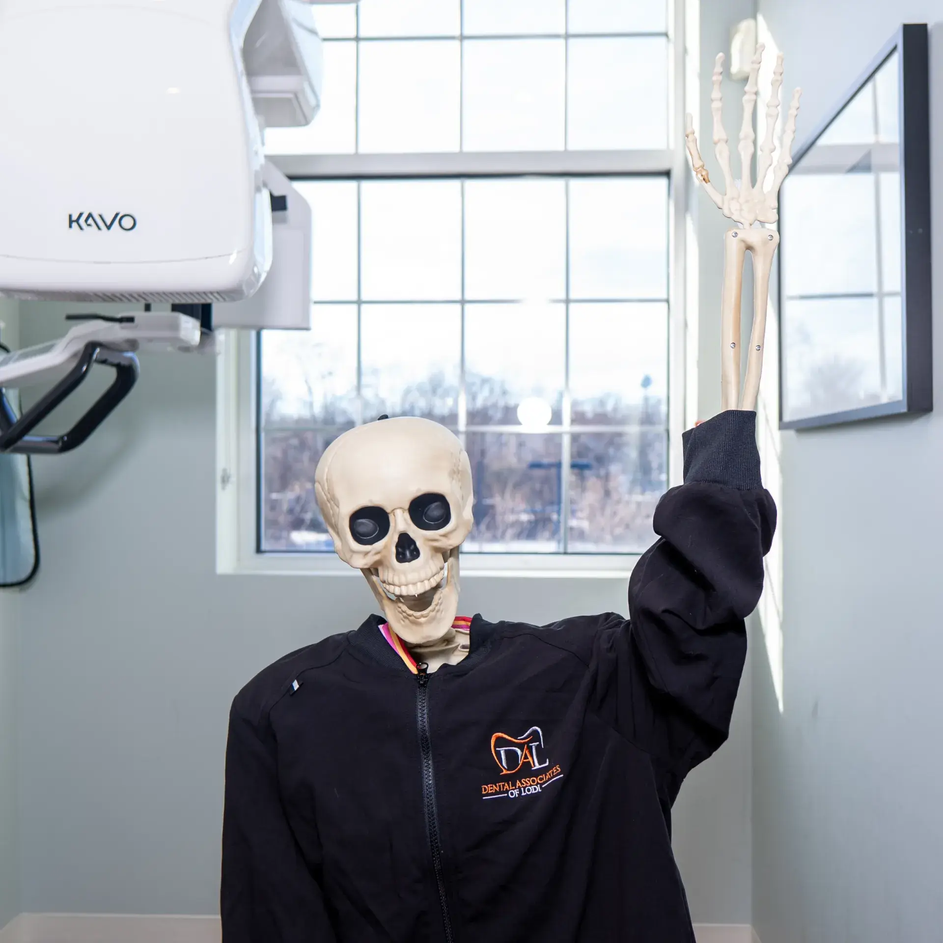 A skeleton in a dental office wearing a black jacket, raising its right arm.
