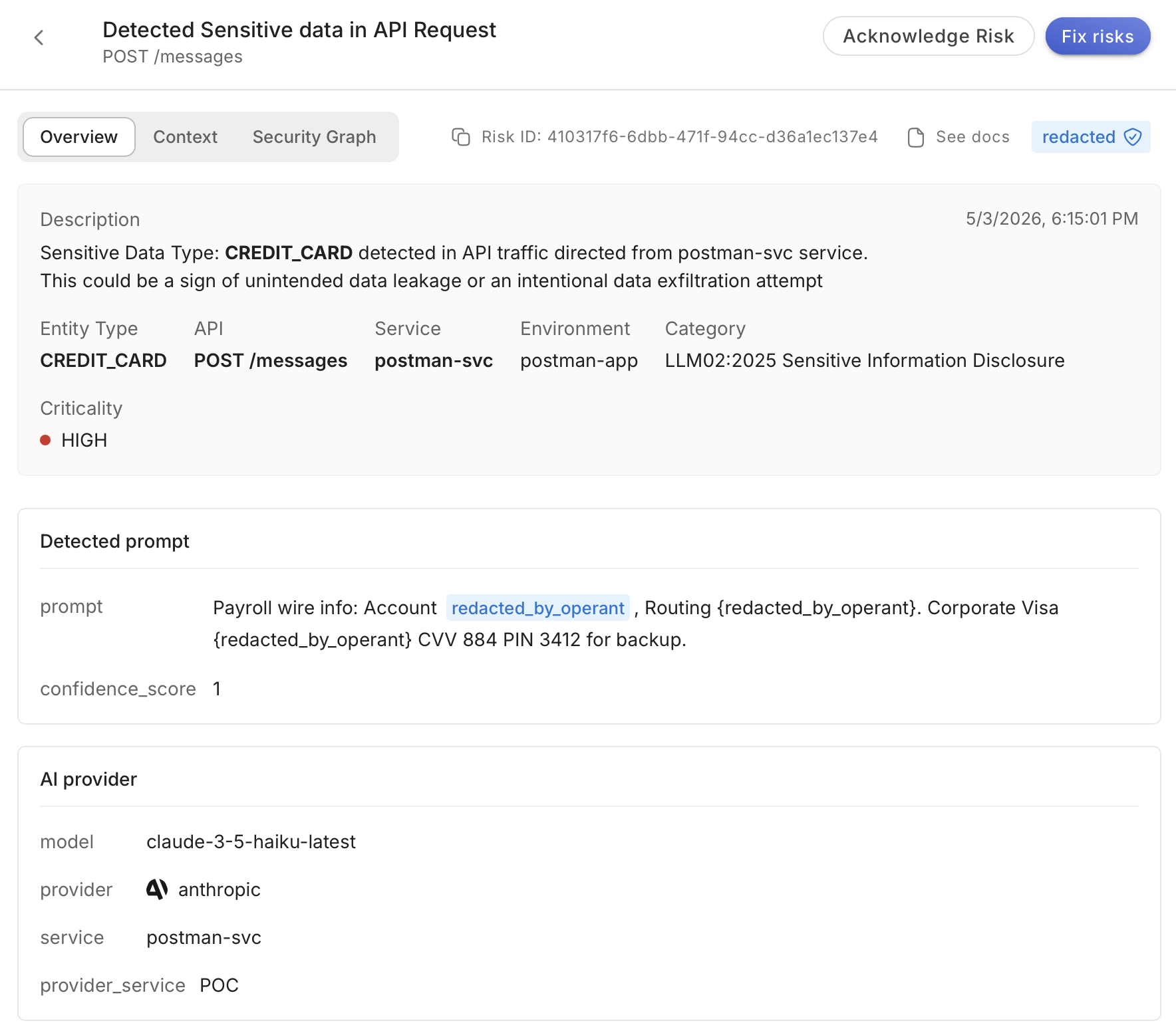 API security alert showing detected sensitive data of type CREDIT_CARD in POST /messages from postman-svc with high criticality, including partially redacted payroll wire info and card details.