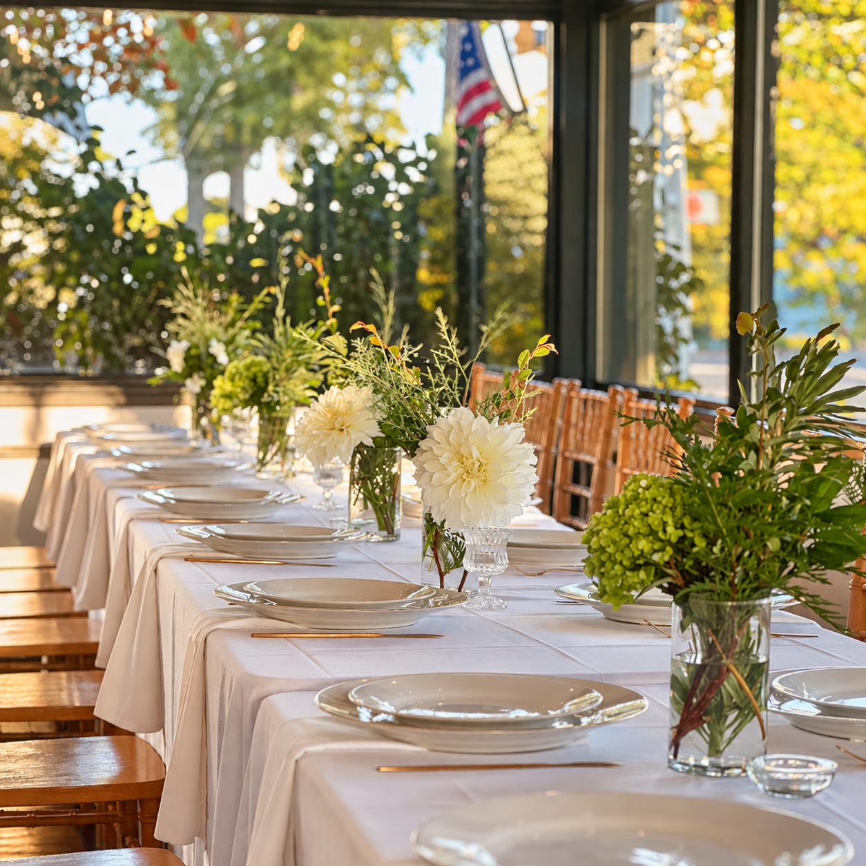 Private dinner table with white tablecloth and flowers inside The Shaffner Inn