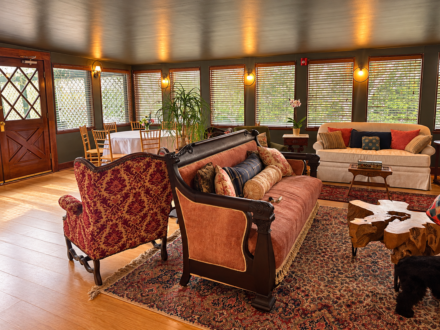 Window seating and antique furnishings in The Shaffner Lounge