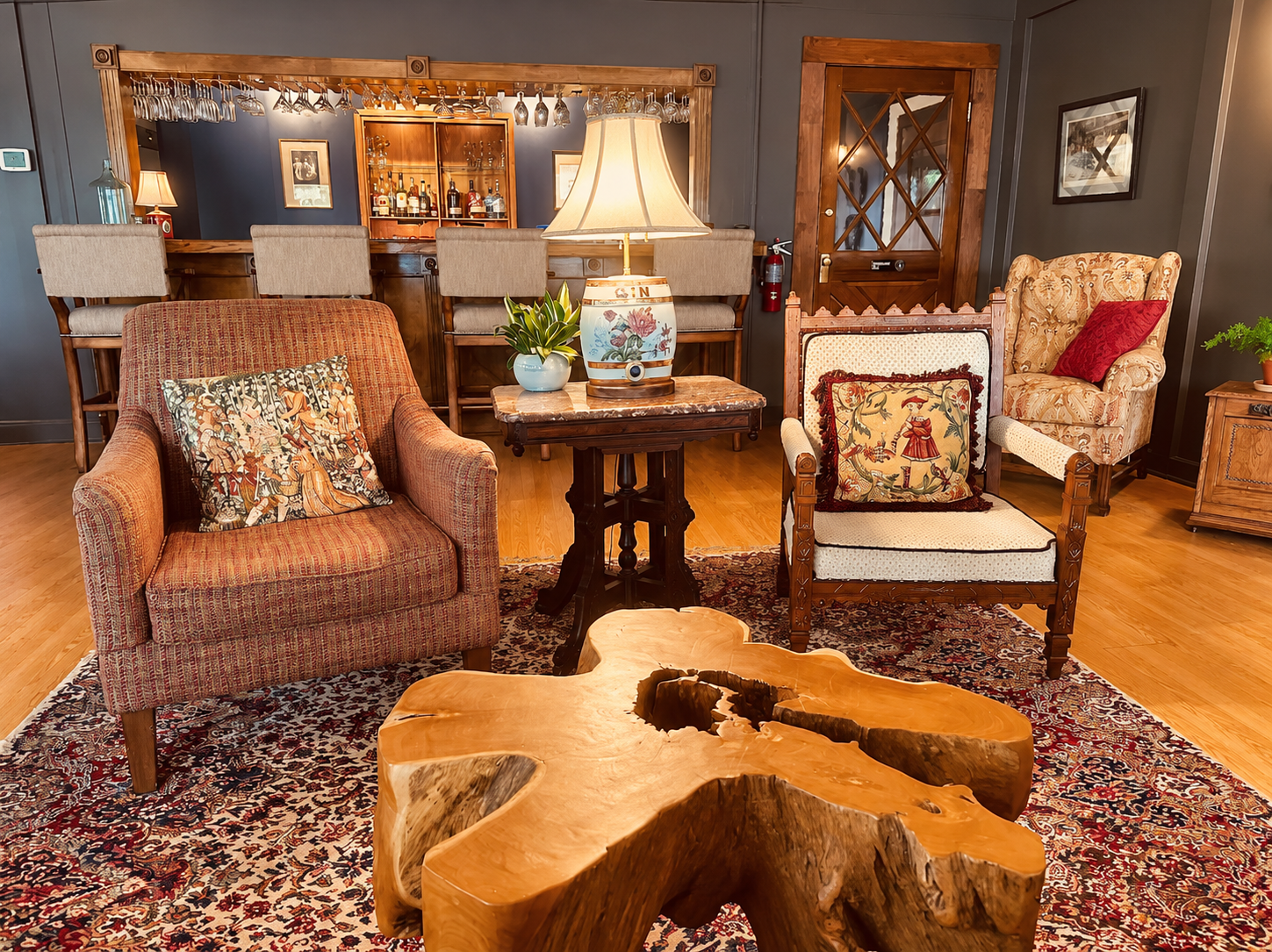 Comfortable lounge seating beside the historic bar