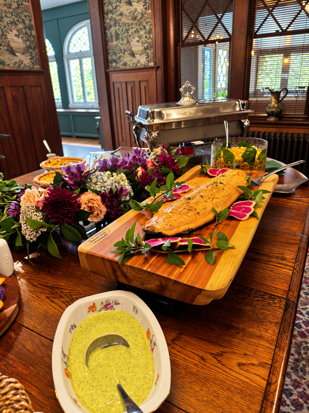 Salmon and floral arrangements presented for an event