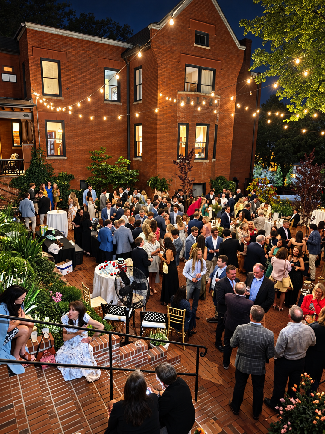 Guests gathering outdoors under string lights for an evening reception