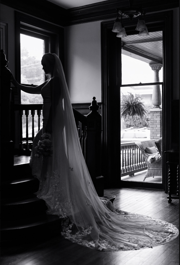 Bride on a historic staircase during the wedding styled shoot