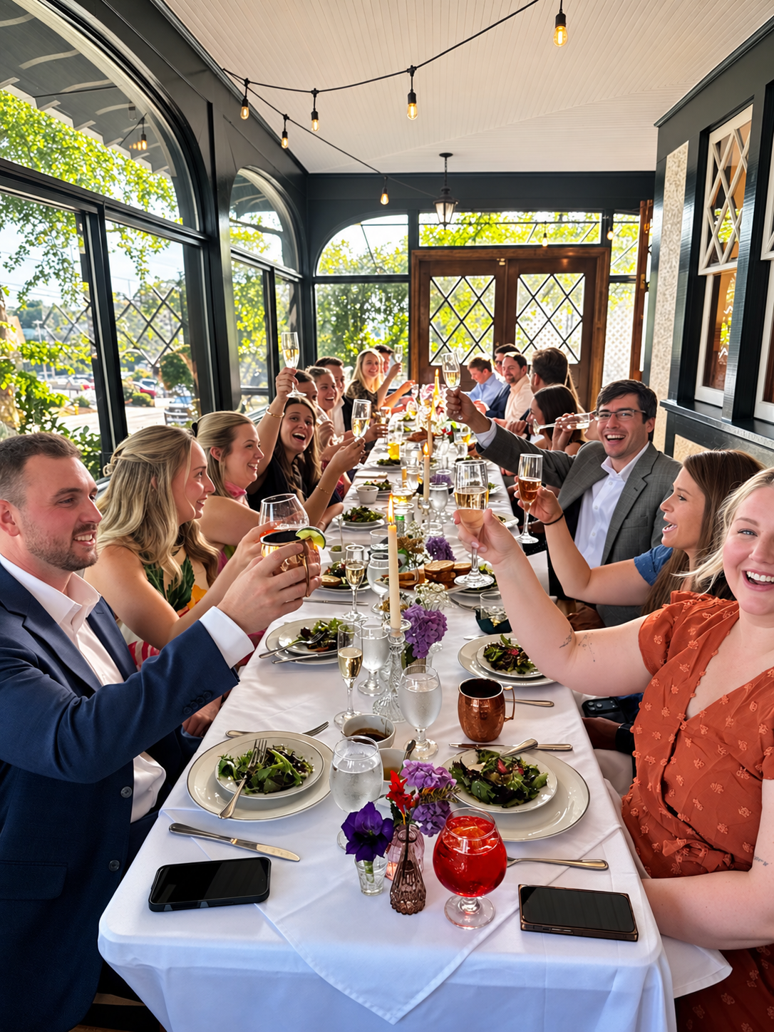 Guests toasting around a seated private dinner table