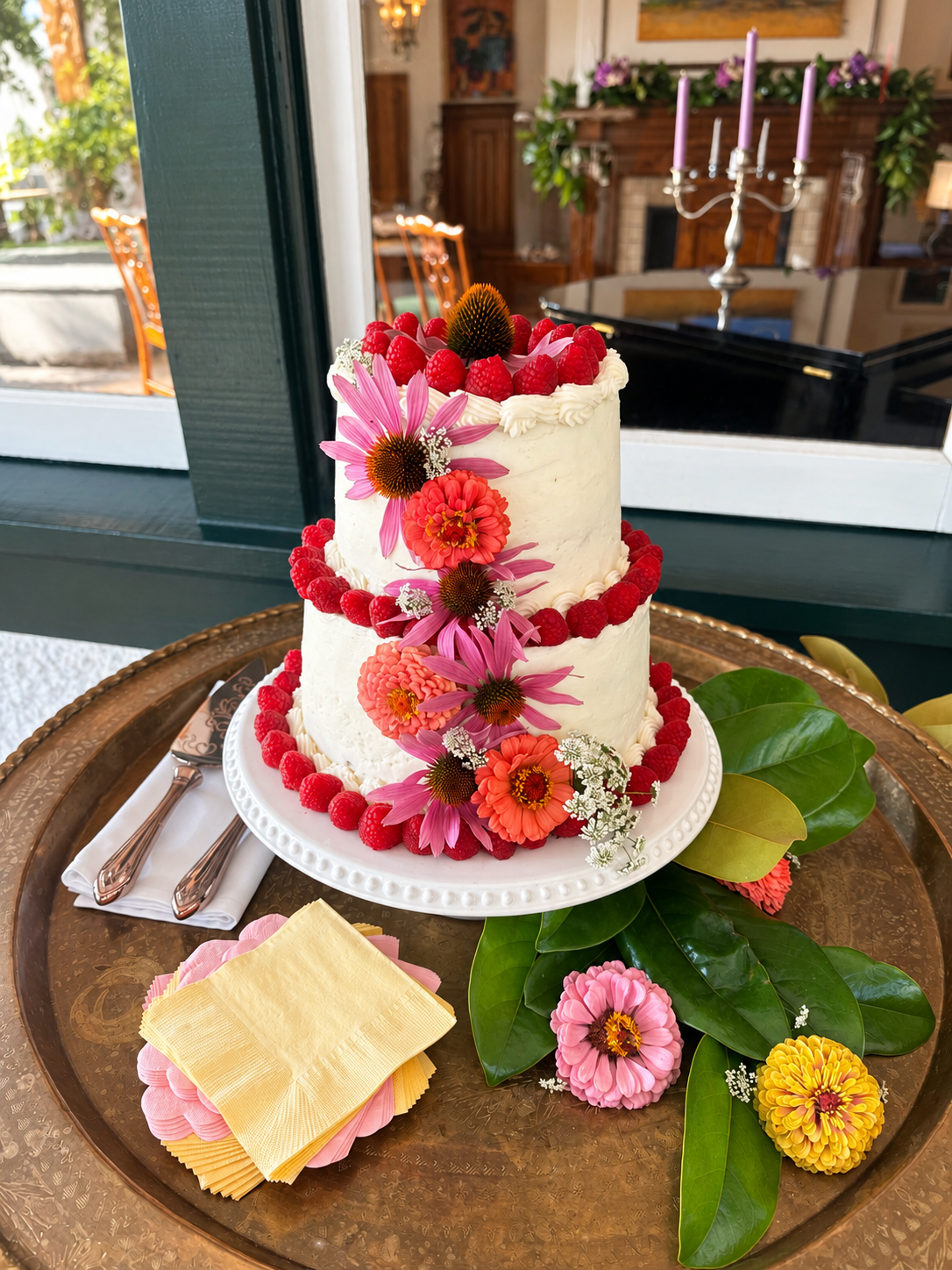 Celebration cake decorated with flowers and raspberries