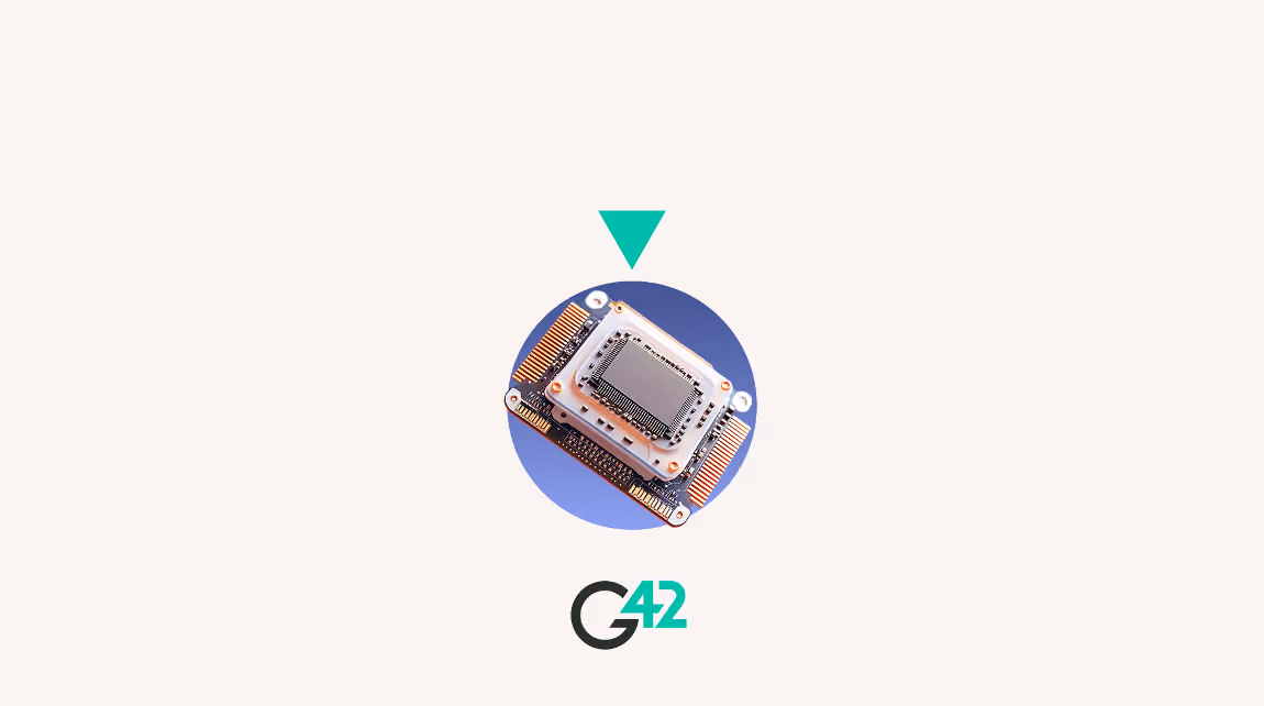 Close-up of a computer chip or processor on a circuit board with G42 logo below.