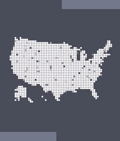 Dot pattern map of the United States including Alaska and Hawaii on a dark gray background.
