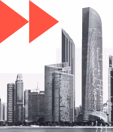 Black and white city skyline with modern skyscrapers and two large red arrows pointing right.