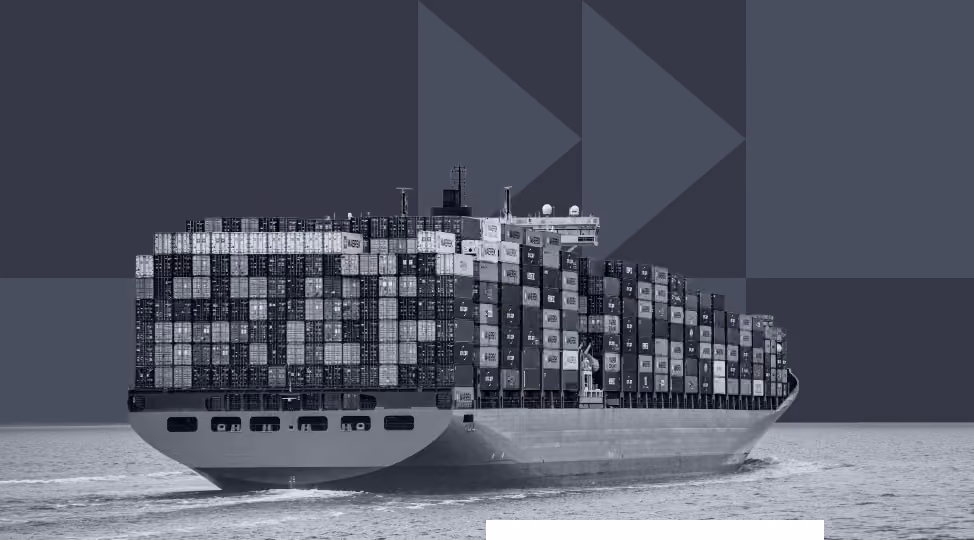Large container ship loaded with stacked cargo containers sailing on calm water.