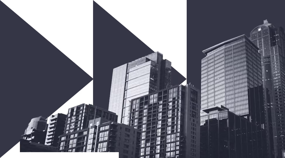 Black and white cityscape with modern high-rise buildings against a dark geometric background.