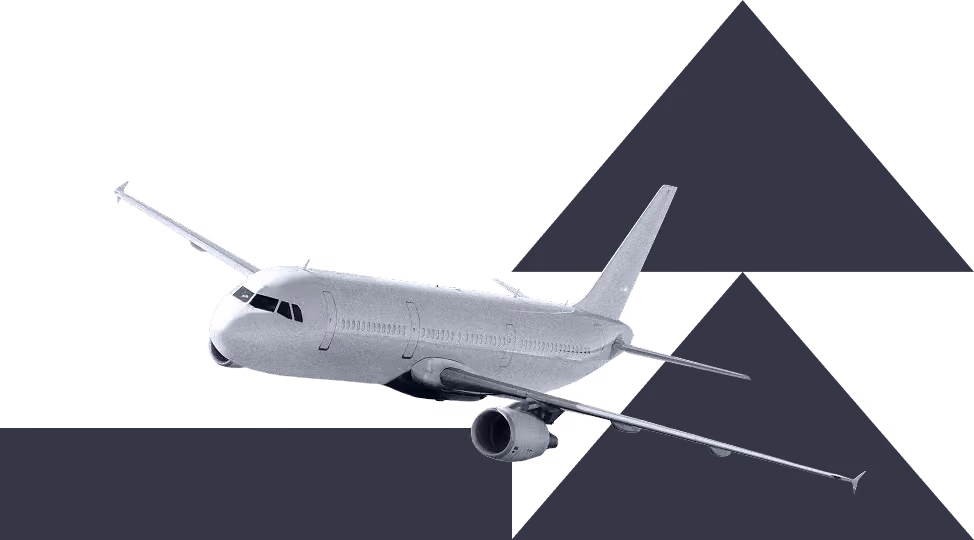 Airplane flying in front of dark gray geometric triangle shapes on a black background.