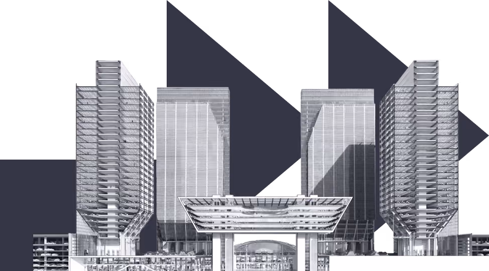 Digital architectural rendering of a modern building complex with four high-rise towers and a central elevated structure.