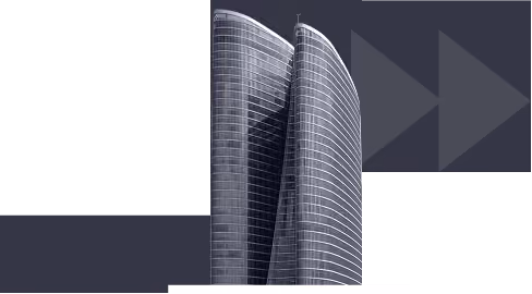 Two curved, modern skyscrapers with glass facades against a dark background with geometric shapes.