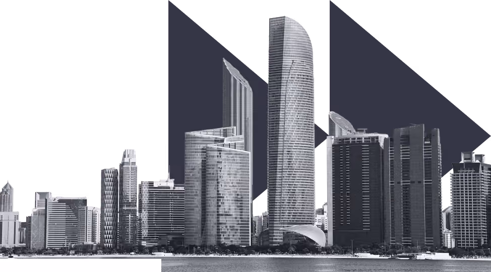 Black and white skyline of modern high-rise buildings in Abu Dhabi with abstract dark arrow shapes in background.