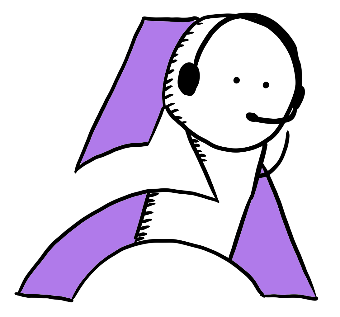 Hand-drawn character wearing a headset, on a purple background.