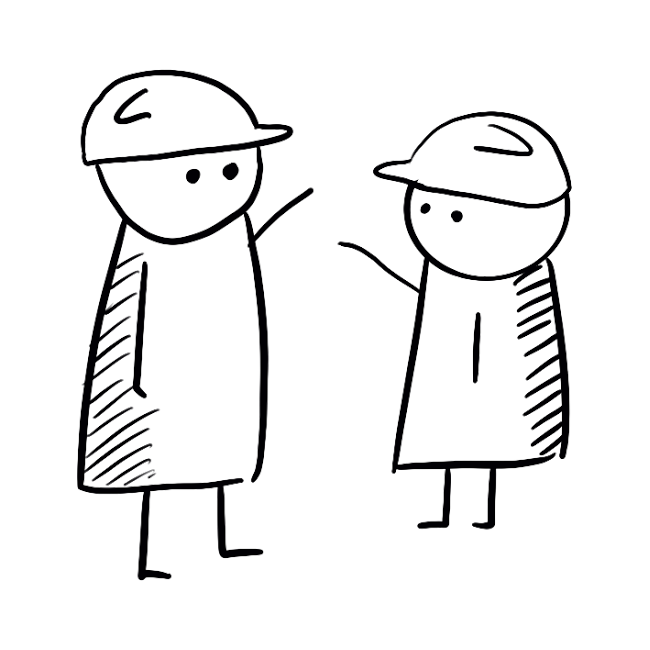Two hand-drawn characters in hard hats talking.