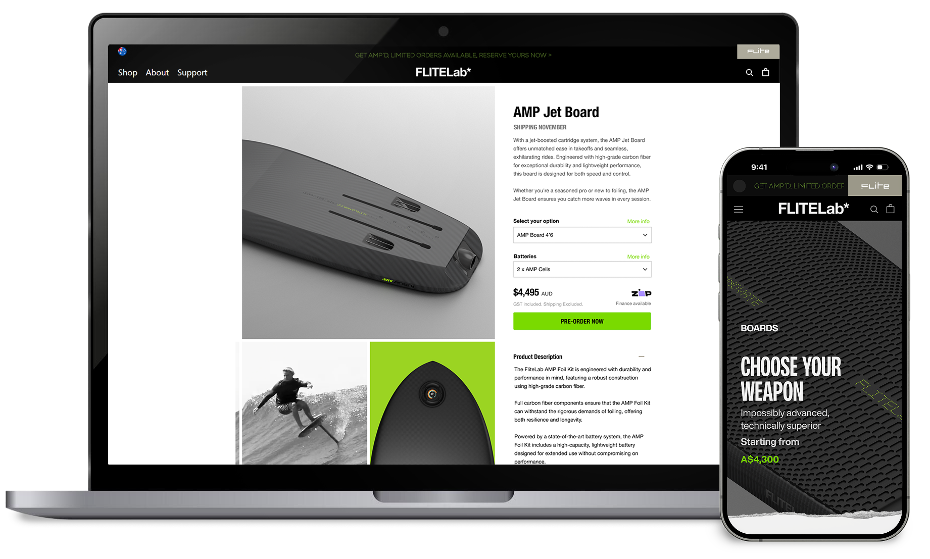 The FLITELab website showing the AMP Jet Board, on a laptop and a phone.