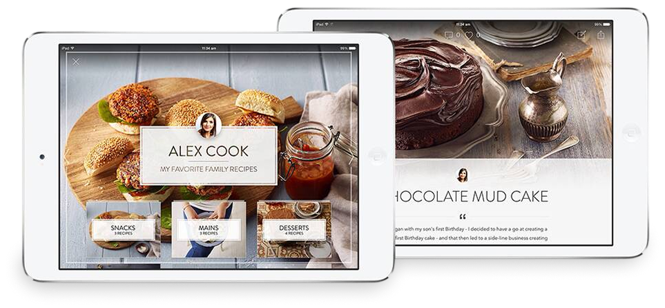 The Cook recipe app on two iPads, showing a chef's recipe collection and a chocolate mud cake recipe.